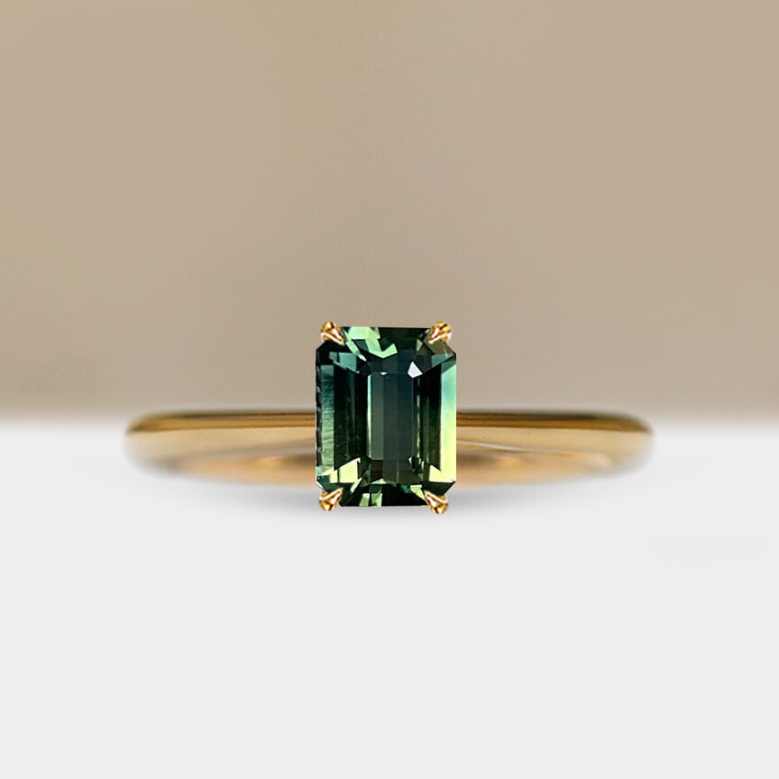 Emerald-cut Australian parti sapphire engagement ring